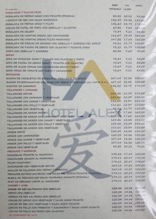 Chinese menu mandarins hotel alex 